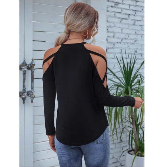 Strappy Cold Shoulder Black Long Sleeve Tee Shirt - Picture 2 of 10